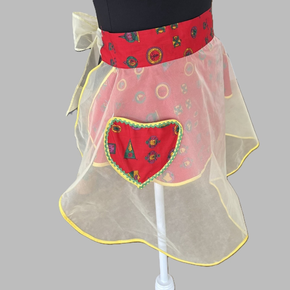 Vintage Yellow Chiffon Apron Red Accent